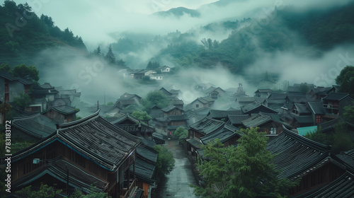 Discover the charm of traditional Chinese villages through rural tourism in China, where morning fog envelops old villages adorned with traditional architecture. photo