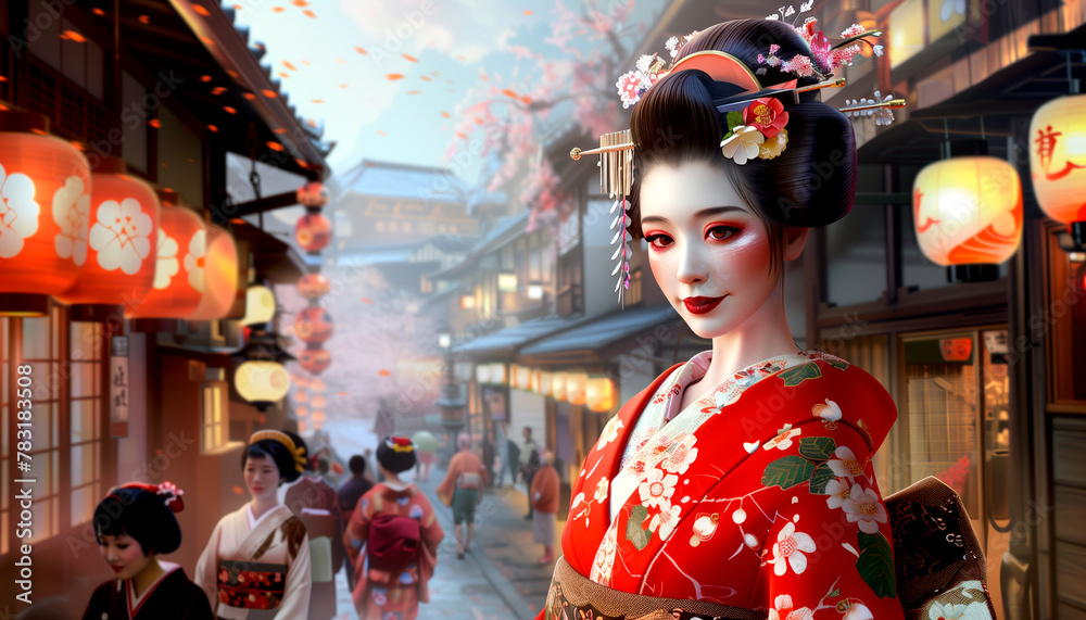 A geisha in a bright red kimono walks down the busy city street
