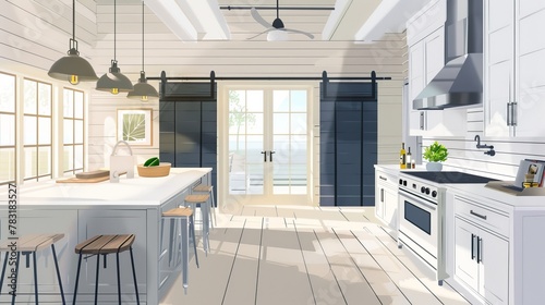 Illustration of a modern farmhouse kitchen with shiplap walls and barn doors