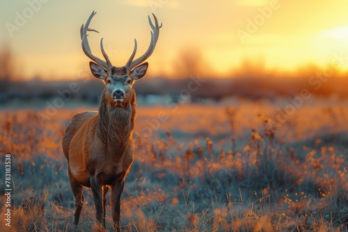 The sun sets behind a regal stag in a golden field  highlighting the beauty of wildlife and the magic of golden hour