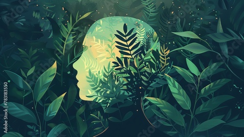 Illustration of a person's head as a sanctuary surrounded by greenery, representing inner peace and tranquility