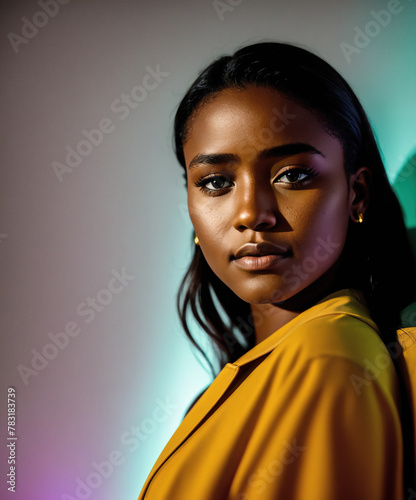 A young woman wearing a yellow jacket and standing in front of a white background.