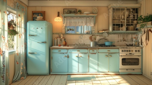 Sun-Drenched 1950s Style Kitchen with Lace Curtains, generative ai