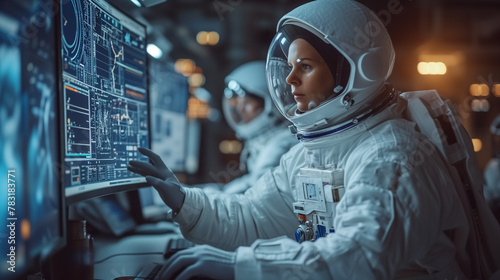 Team of astronauts in a space suits aboard the orbital station. A crew of cosmonauts piloting the spaceship. Man and woman in space. Galactic travel and science concept. photo