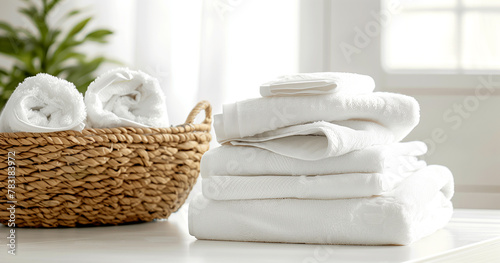 A stack of clean white towels in the spa salon © PETR BABKIN