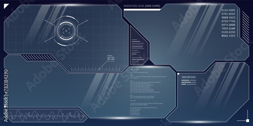 VR HUD futuristic control panel set. Technology head up display target and UI screen. GUI Digital virtual reality interface cyberpunk hi tech visor design. FUI Sci Fi spaceship cockpit dashboard. Eps