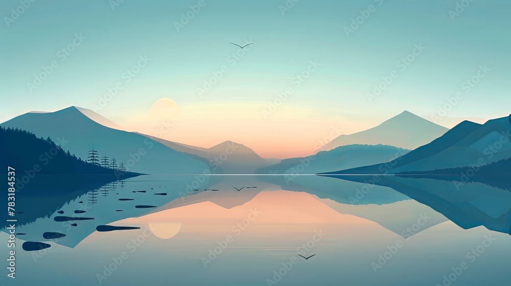 Minimalist  illustration of a tranquil lake scene at dawn