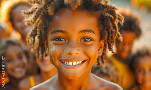 Smiling African American LIttle boy with dreadlocks in front of a crowd of children photo