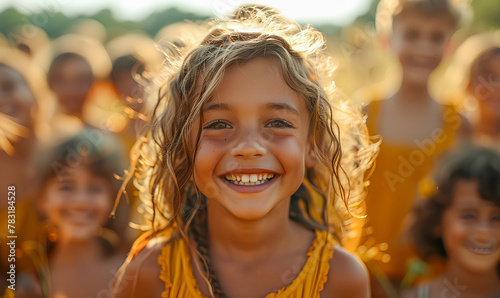 Smiling European little girl with white hair in front of a crowd of children