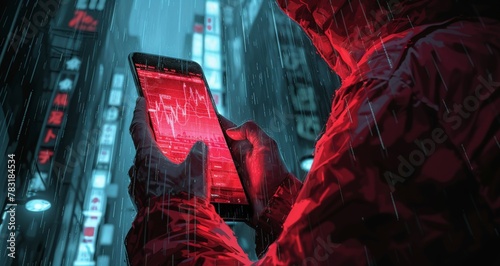 A hooded hacker uses a smartphone with a red interface in a rainy cityscape, implying cyber security threats
