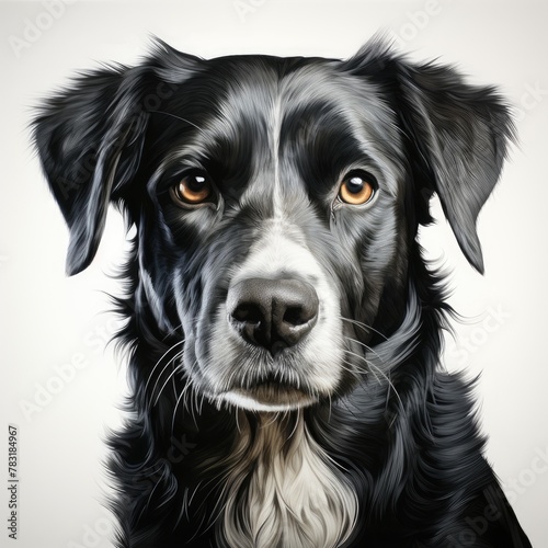 A kind cute portrait of a black dog illustration is suitable for printing on the packaging of any dog ​​products, dog food, dog medications, pet toys. Dog drawing, painting, art.