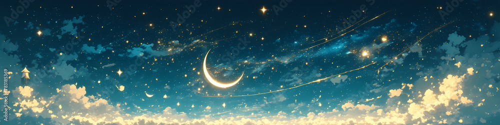 Magic night sky with stars and clouds. Landscape with crescent moon, stardust and milky way. Fantasy galaxy illustration, space background - obrazy, fototapety, plakaty 
