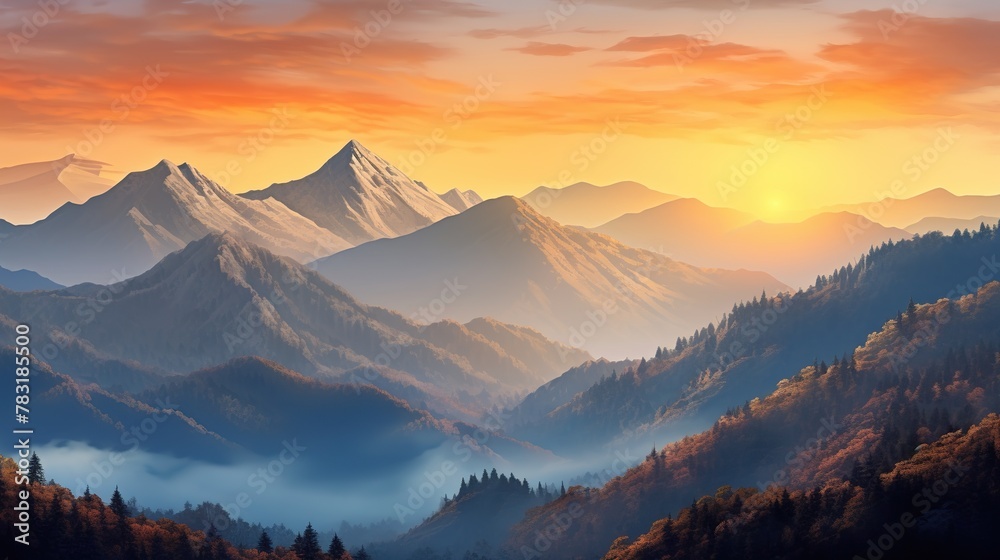 A stunning mountain range illuminated by the warm colors of a breathtaking sunset, Super Realistic illustration - obrazy, fototapety, plakaty 