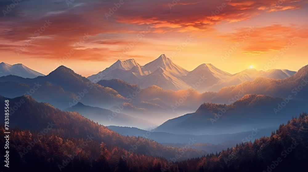 A stunning mountain range illuminated by the warm colors of a breathtaking sunset, Super Realistic illustration