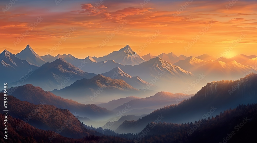 A stunning mountain range illuminated by the warm colors of a breathtaking sunset, Super Realistic illustration A stunning mountain range illuminated by the warm colors of a breathtaking sunset, Super Realistic illustration