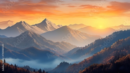 A stunning mountain range illuminated by the warm colors of a breathtaking sunset, Super Realistic illustration photo