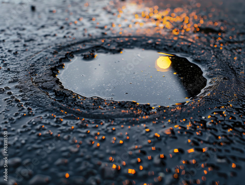 A small puddle of oil or gas on wet pavement, seen from above after a rain shower.