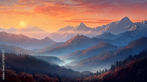 A stunning mountain range illuminated by the warm colors of a breathtaking sunset, Super Realistic illustration © JetHuynh