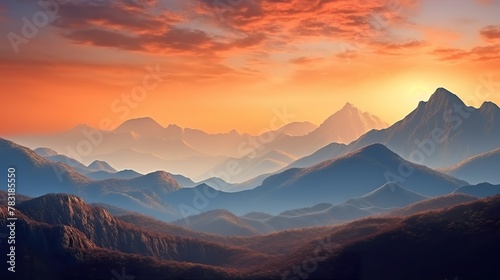 A stunning mountain range illuminated by the warm colors of a breathtaking sunset, Super Realistic illustration © JetHuynh