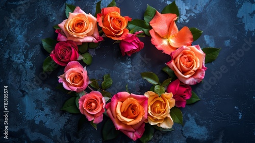 Romantic roses arranged in a heart-shaped wreath
