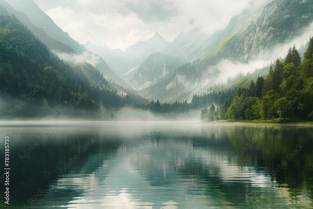 Mountainous landforms surround a misty lake on a foggy day
