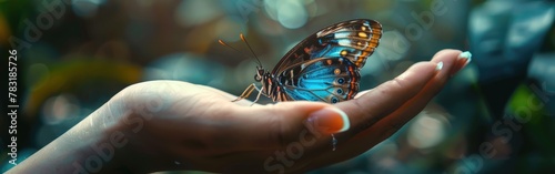 Wild Beauty: Closeup of a Butterfly on a Woman's Hand - Animal Photography Background