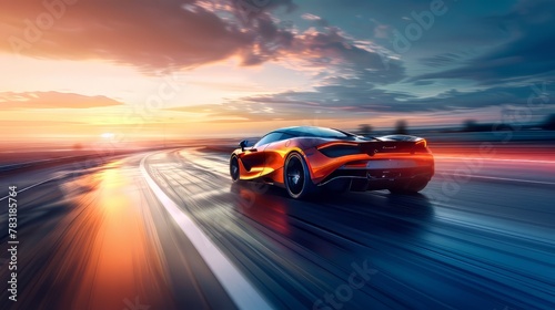 Sleek sports car speeding down an empty highway at sunset