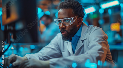 African-American engineer at the computer designs and creates the future.