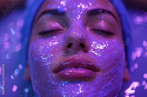Close-up of a woman's face covered in glittery skincare mask, eyes closed in a serene setting