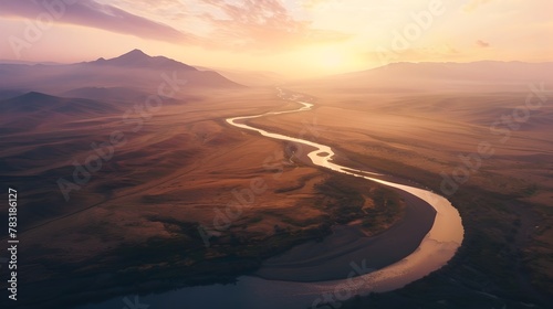 An Endless River Winding through a Breathtaking Desert Landscape,Merging with the Sky in a Seamless Loop