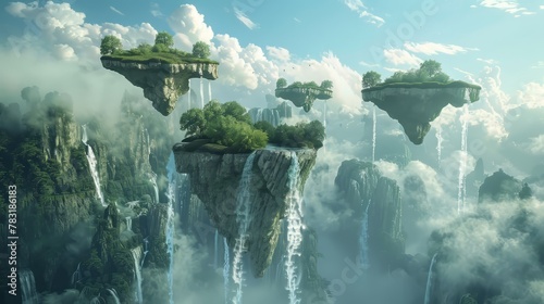 Surreal 3D landscape with floating islands and cascading waterfalls