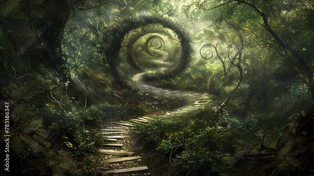 Enchanted Forest Path Spiraling into the Infinite Expanse of Imagination and Discovery - obrazy, fototapety, plakaty 