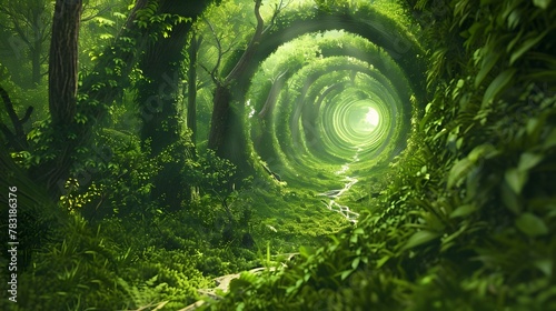 Enchanting Spiral Path Through Lush Woodland Landscape,Inviting Endless and Discovery