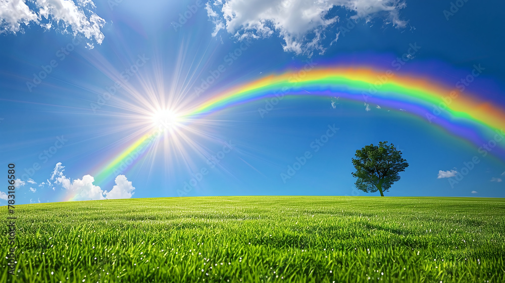 rainbow and clouds over a green meadow with a tree rainbow and clouds over a green meadow with a tree