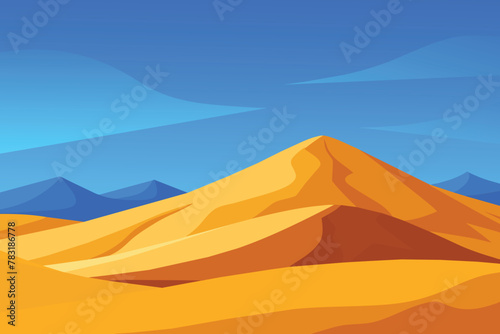 Big 3d realistic background of sand dunes. Desert landscape with blue sky vector design