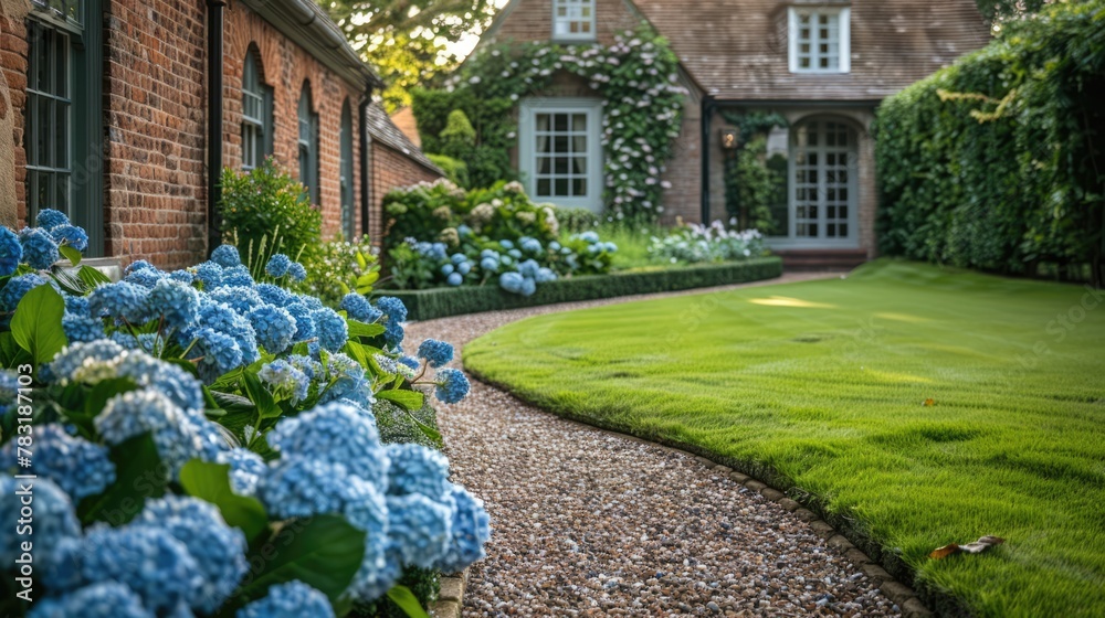 English Cottage Style: Private Summer Garden with Blooming Hydrangea Annabelle, Curvy Lawn Edge, and Beautiful Pathway Landscape Design