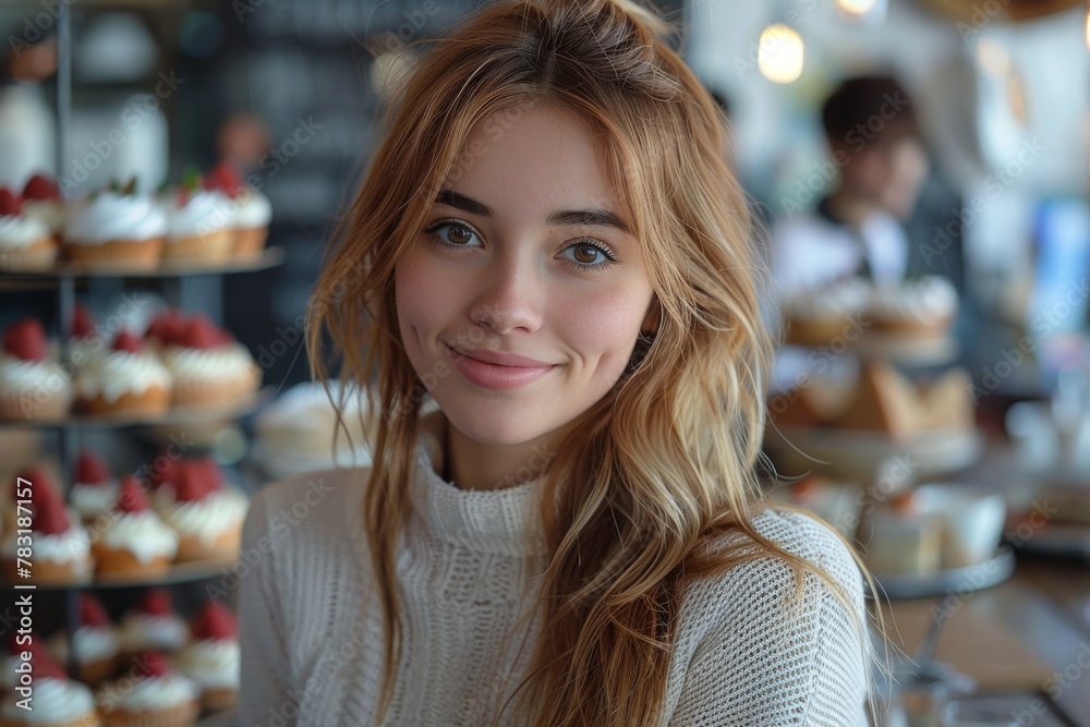 A smiling woman with wavy hair poses in front of a display of delicious desserts in a snug and well-lit cafe