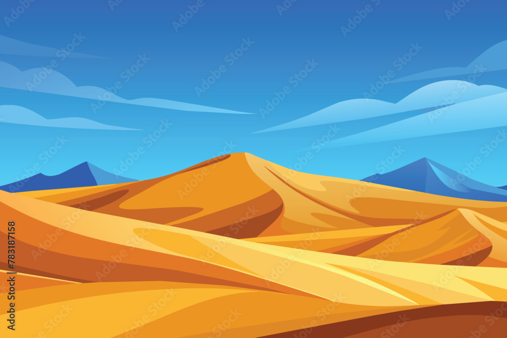 Big 3d realistic background of sand dunes. Desert landscape with blue sky vector design