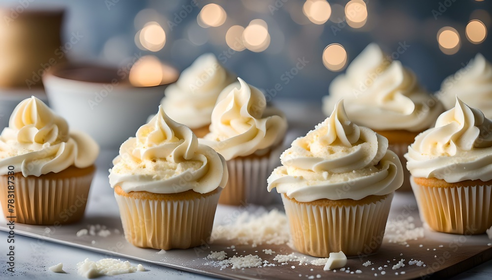 Whipped butter cream frosting applied to vanilla cupcakes
 - obrazy, fototapety, plakaty 