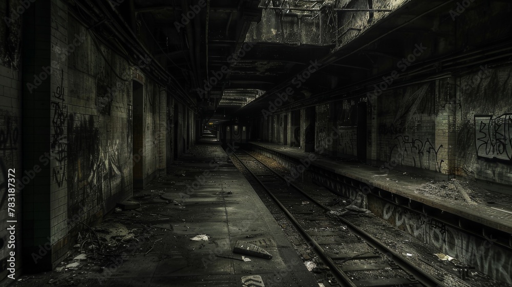 Abandoned subway station engulfed in shadows and darkness