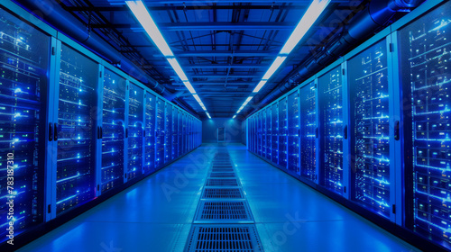 Expansive data center with rows of server racks, blue and white LED lights
