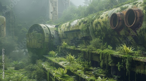 A train car is covered in green moss and is surrounded by a lush, overgrown jungle. The scene is eerie and unsettling, with the train car appearing to be abandoned and forgotten © KerXing