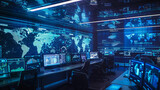 High-tech cybersecurity operations center, teams monitoring large screens displaying global network traffic
