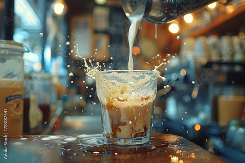 Dynamic capture of a splash in a glass of coffee, highlighting the motion and vibrant energy of the liquid