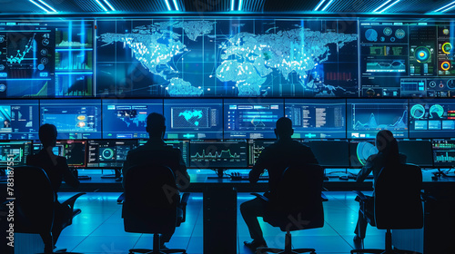 High-tech cybersecurity operations center, teams monitoring large screens displaying global network traffic