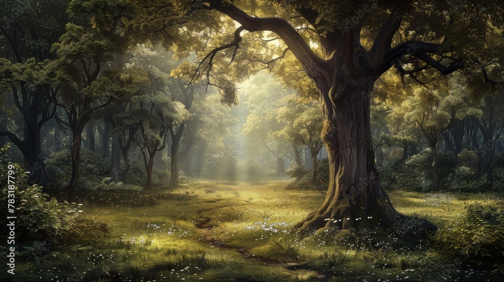 Everlasting peace portrayed in the quiet solitude of a forest glade - obrazy, fototapety, plakaty 