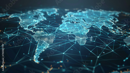 Map of the world with digital network connections, major cities highlighted