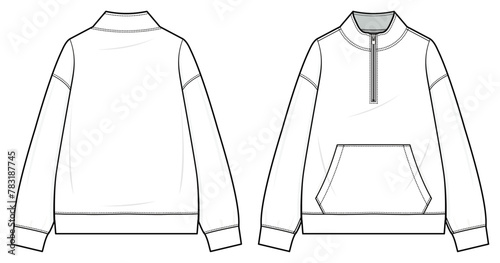 1/4 zip pullover Technical fashion illustration. Quarter-zip pullover vector template illustration. front and back view. stand collar. zip placket, drop shoulder. kangaroo pocket. CAD mockup.