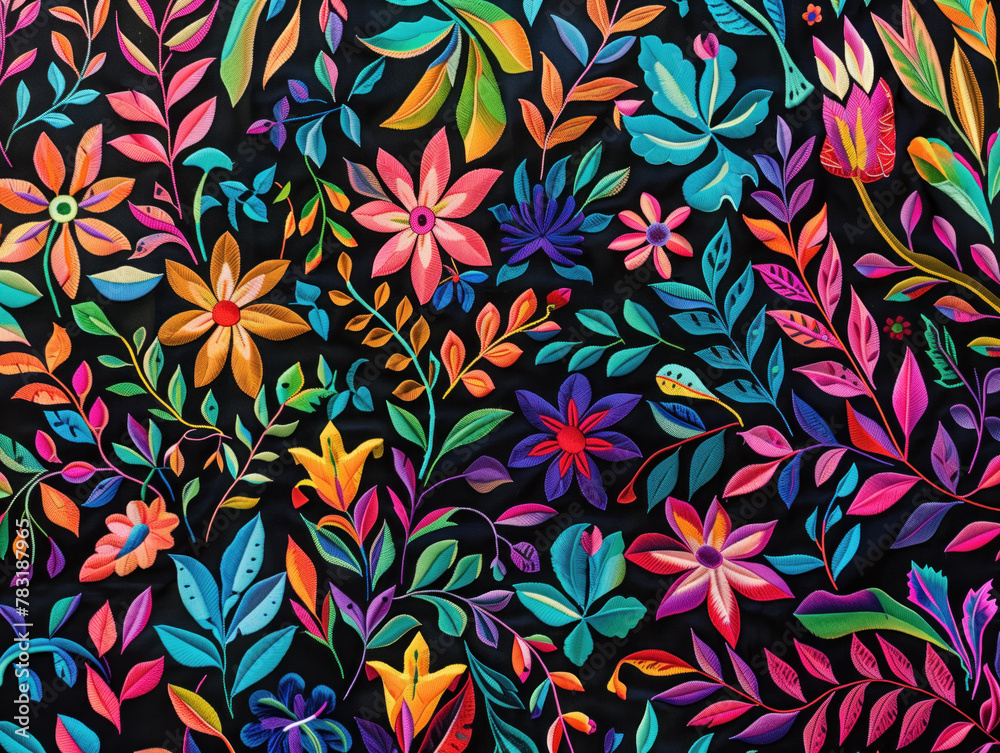  Embroidery displays vibrant textile patterns in a folk style graphic design, showcasing festive floral motifs commonly found in traditional culture.