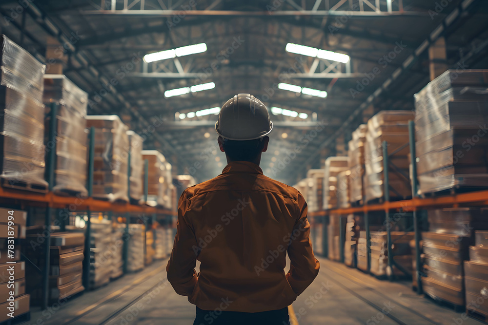 Middle age asia storage warehouse worker working in the background a large goods storage warehouse Middle age asia storage warehouse worker working in the background a large goods storage warehouse